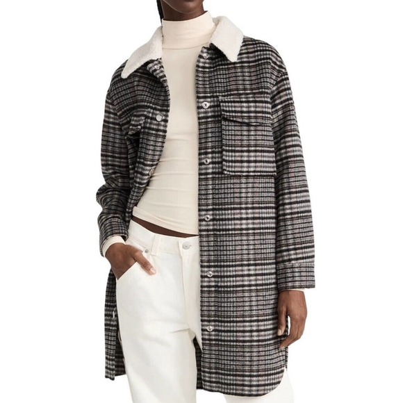 Rails Jaro Long Coat Womens Medium Onyx Taupe Plaid Wool Blend Oversized $425 - Picture 3 of 16